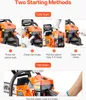 Instructions for starting a chainsaw, showing cold and hot start methods. Produktbild-Vorschau