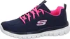 A single navy blue Skechers sneaker with pink laces and accents is shown against a white background. Voir les images du produit