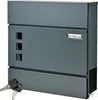 A dark gray modern mailbox with a newspaper compartment and two keys in the foreground. Produktbild-Vorschau