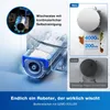Collage of images showing a robot vacuum cleaner and its cleaning mechanism, with text highlighting features. Produktbild-Vorschau