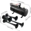 A black air horn compressor tank and a set of black air horns are shown with dimensions indicated by measurement lines and text. Produktbild-Vorschau