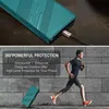 A split image showing a teal phone case with a charging cable in the top half, and a man running in front of a brick wall in the bottom half. Produktbild-Vorschau