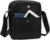 A black messenger bag with a tablet and a book inside an open pocket. Produktbild-Vorschau