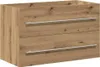 A product shot of a wooden bathroom cabinet with two drawers and silver handles. Produktbild-Vorschau