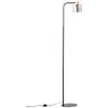 A black floor lamp with a clear glass shade and a wooden accent, standing on a white background. Produktbild-Vorschau