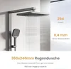 A shower system with a large rain showerhead and a handheld showerhead, with water flowing from the rain showerhead. Text overlays describe features. Anteprima dell’immagine prodotto