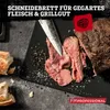 A cutting board with sliced roast beef, peppercorns, salt, and bread. Produktbild-Vorschau