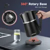 A black electric kettle is shown on its base, with a hand holding the handle. A glass of water with lemon slices is on the table next to it. The base of the kettle is shown separately, highlighting its cord storage feature. Text overlays describe the produ Produktbild-Vorschau