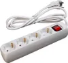 A white power strip with four outlets and a red on/off switch, connected to a white power cord and plug. Produktbild-Vorschau