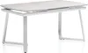 A white metal-framed dining table with a light gray ceramic top, shown from a front-side angle against a white background. Produktbild-Vorschau
