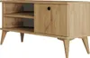 A wooden TV cabinet with two open shelves on the left and a closed cabinet with a black handle on the right, all supported by four tapered legs. Produktbild-Vorschau