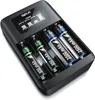 A black battery charger with four slots, each containing a rechargeable battery. The charger has a small digital display at the top showing charging status. Anteprima dell’immagine prodotto
