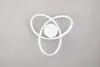 A white LED ceiling light with a modern, abstract design featuring three intertwined loops, mounted against a plain gray background. Podgląd zdjęcia produktu