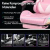 A marketing image showing a pink gaming chair with text highlighting its materials and features, and smaller inset images demonstrating craftsmanship. Produktbild-Vorschau