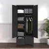 An open black metal wardrobe with shelves and hanging clothes, set against a white paneled wall. Voir les images du produit
