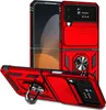 A red phone case with a ring holder and camera cover is displayed from multiple angles against a white background. Produktbild-Vorschau