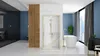 A modern bathroom with a shower cabin, bathtub, and a view of a city skyline. Produktbild-Vorschau