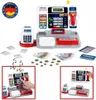 A collage of images showing a toy cash register and its accessories, with close-ups of a hand interacting with the product. Produktbild-Vorschau