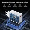 A close-up of a white USB charger with a transparent section revealing its internal circuitry, placed on a stylized, glowing blue platform against a dark, circuit-board-like background. Produktbild-Vorschau
