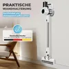 A white cordless vacuum cleaner is mounted on a wall bracket next to a chair and a sofa. Text overlays highlight features and brand information. Produktbild-Vorschau