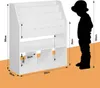 A white bookshelf for children is shown next to a silhouette of a child, with dimensions indicated by arrows and text. Produktbild-Vorschau