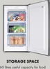 An open mini freezer with food items inside and text describing storage space. Náhled obrázku produktu