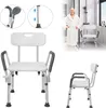 A collage of images showing a shower chair, a shower head, and a man in a bathrobe in a bathroom. Produktbild-Vorschau