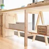 A close-up view of a wooden desk leg and shelf system, with storage boxes and a wooden crate. Anteprima dell’immagine prodotto
