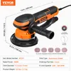 A VEVOR dual-action orbital sander with dimensions and specifications overlaid. Náhled obrázku produktu