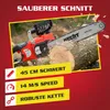 A chainsaw cutting through a log, with feature callouts. Produktbild-Vorschau