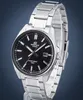 A close-up studio shot of a silver Casio Edifice watch with a black dial, set against a gradient blue and gray background. Voir les images du produit