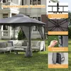 A grey gazebo with mosquito netting is set up on a green lawn in front of a large house. Outdoor furniture is arranged under the gazebo. The image includes several smaller inset images highlighting product features. Náhled obrázku produktu