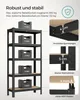 A black metal shelving unit with wooden shelves, shown with boxes on each shelf to demonstrate weight capacity. Close-up details of the shelf construction and materials are shown on the right side of the image. Produktbild-Vorschau