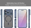 Multiple views of a blue phone case with a frosted back and a magnetic ring, displayed against a light gray background. Produktbild-Vorschau