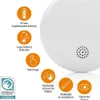 A close-up of a white smoke detector with various feature icons and text annotations around it. Náhľad obrázku produktu