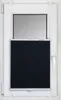 A black pleated blind is installed in a white window frame. Produktbild-Vorschau
