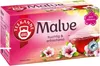 A box of Teekanne Malve Hibiscus tea with flowers and a cup of tea. Produktbild-Vorschau