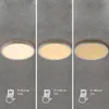 A triptych showing a ceiling light in three different brightness settings, with accompanying text and icons indicating the dimming function. Produktbild-Vorschau
