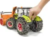 A close-up rear view of a toy tractor with snow chains and a snow blower attachment, with a child's hand interacting with the tractor. Anteprima dell’immagine prodotto