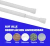 A marketing image showing two white adjustable curtain rods against a white background, with a blue overlay at the bottom displaying text and icons representing different surfaces. Produktbild-Vorschau
