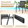 A collage of images showing a black metal garden chair and close-ups of its features, set against a backdrop of a pool and wooden decking. Náhled obrázku produktu
