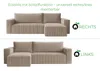 Two images of a beige sectional sofa with a chaise lounge, one showing the chaise on the right and the other on the left. Text and icons indicate the universal assembly. Náhled obrázku produktu