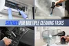 Collage showing a black electric dust blower being used for multiple cleaning tasks, including an air conditioner, a sofa, a car interior, and a fan. Podgląd zdjęcia produktu