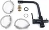 A collection of plumbing parts, including a black faucet, flexible hoses, and connectors, laid out on a white background. Produktbild-Vorschau
