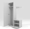 A white wardrobe set with doors open, revealing shelves and a hanging rod, and a lower bench with open doors. Produktbild-Vorschau