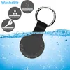 A black AirTag holder is submerged in water, with icons indicating its features. Produktbild-Vorschau