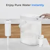A water filter pitcher and its filter are shown on a countertop, with a glass being filled with water. Produktbild-Vorschau