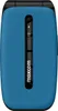 A blue flip phone with a black hinge and a vertical black strip containing indicators and the brand name.