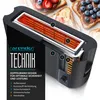 A close-up marketing image of a black toaster with its heating elements glowing, surrounded by images of toast with toppings. Anteprima dell’immagine prodotto