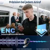 A man on a train looking at his phone while wearing a Bluetooth headset. The image also includes graphics highlighting product features. Produktbild-Vorschau